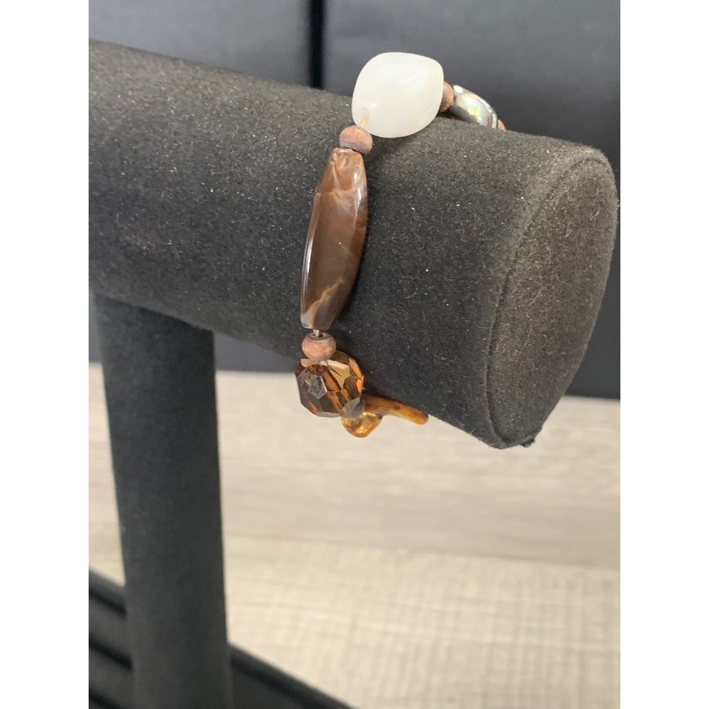 Boho Chunky Mixed Bead Stretch Bracelet Earth Tones Brown White Mother of Pearl